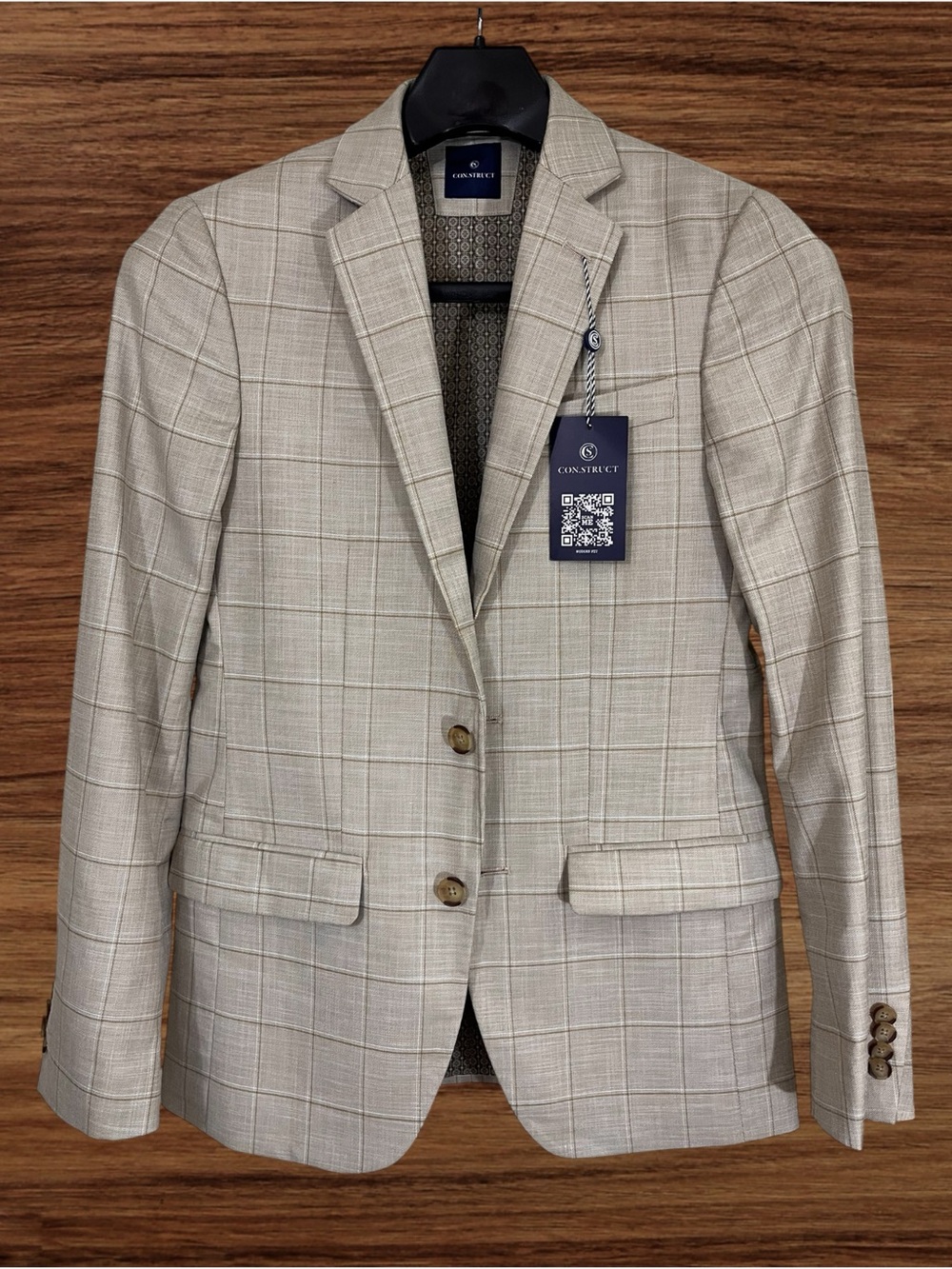 Con.Struct Men’s Tan Windowpane Jacket. Modern Fit 34R